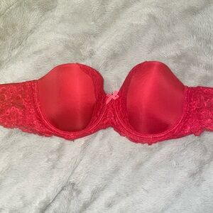 Red strapless Victoria’s Secret bra